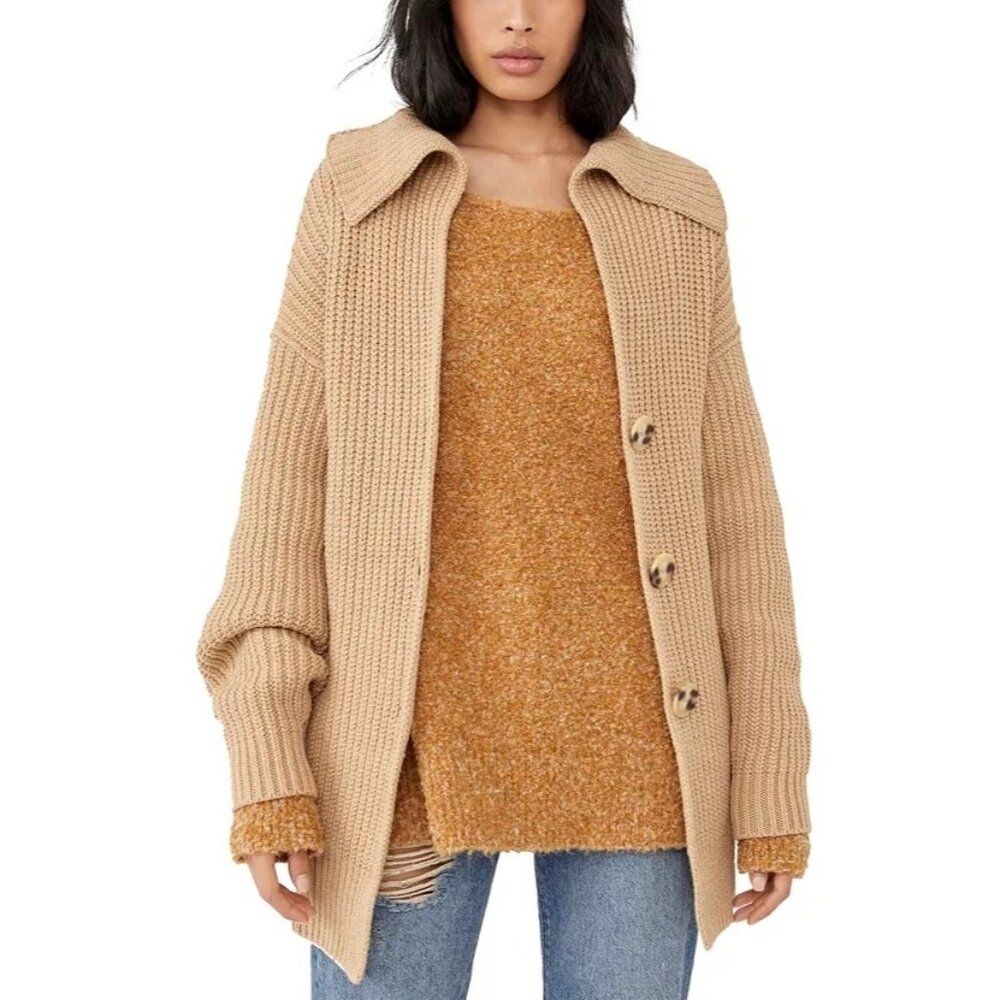 NEW Free People Swim Too Deep Cardigan Womens XL Boho Chic Neutral Chunky Knit